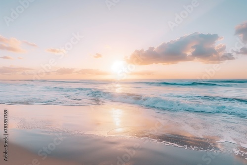 Serene Beach with Pastel Sunrise and Gentle Waves, Clear Sky, Copy Space