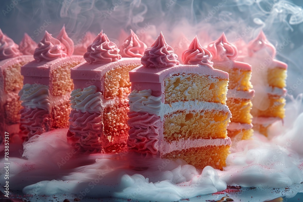 Suspended slices of cake dramatic side lighting emphasizing fluffy texture and colorful icing cinematic matte contrast