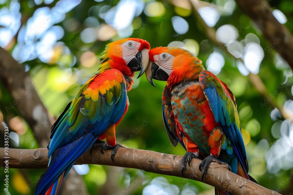Colorful Macaws Parrots Sharing Affection, Bokeh Background
