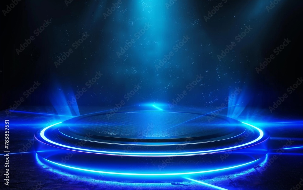 3D glowing abstract background with neon lights, circular gate and reflective platform floor 3D glowing abstract background with neon lights, circular gate and reflective platform floor