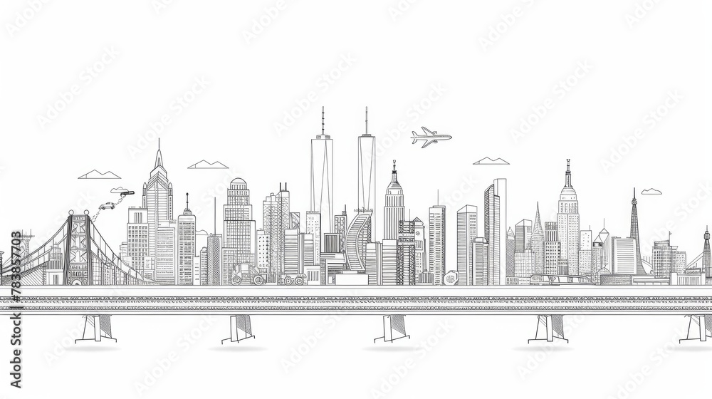 Graphic black outline drawing of a town infrastructure with a large highway and train crossing a bridge