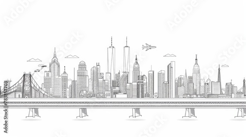 Graphic black outline drawing of a town infrastructure with a large highway and train crossing a bridge