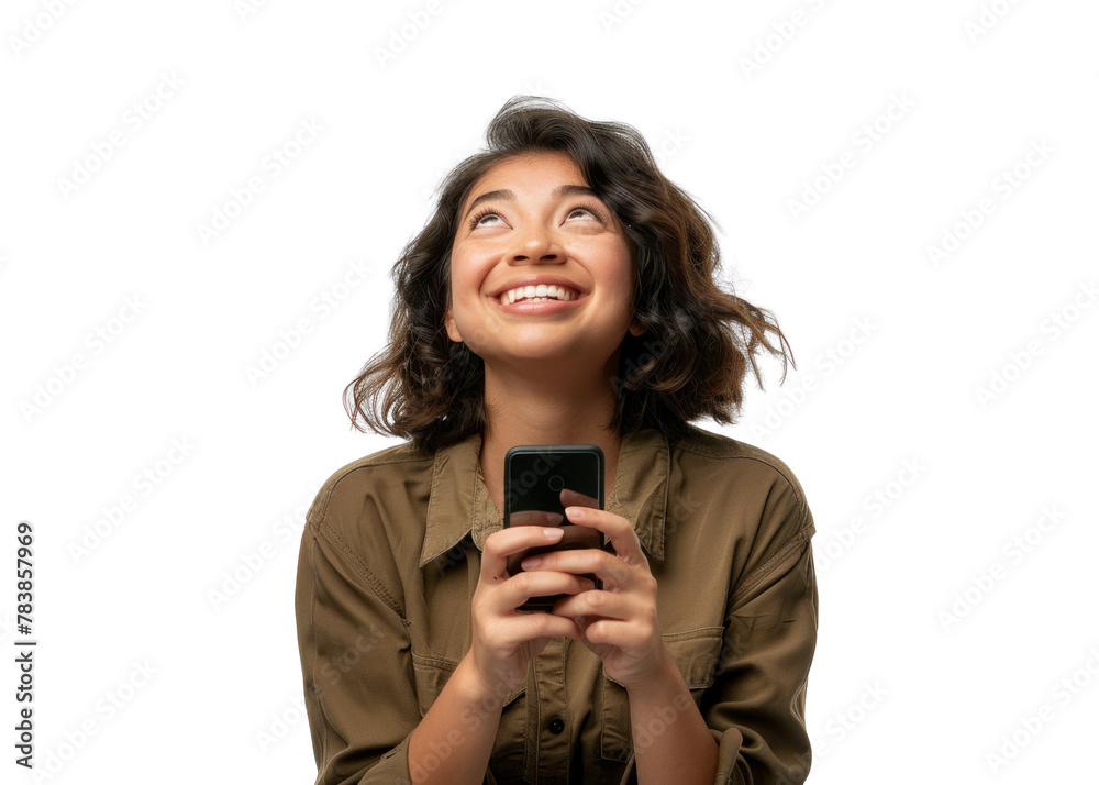 Smiling Woman with Phone Looking Upward Smiling Woman with Phone Looking Upward