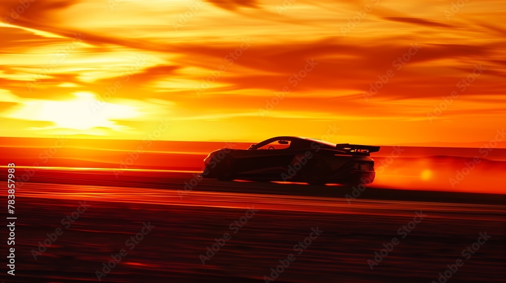 Sports Car Racing on Track at Sunset Silhouette, Fiery Sky