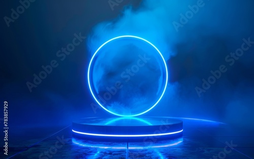 3D glowing abstract background with neon lights, circular gate and reflective platform floor