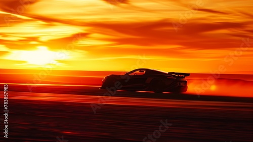 Sports Car Racing on Track at Sunset Silhouette  Fiery Sky