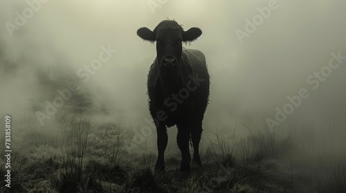  cow stands in misty grass field, foggy overcast day photo