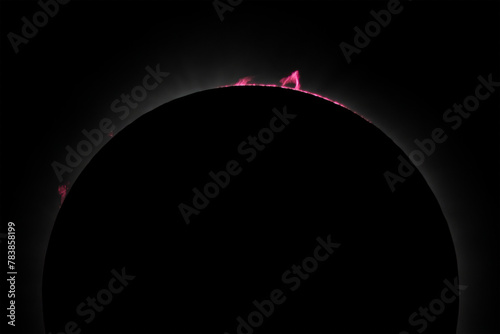 Solar Eclipse - Totality with Solar Prominences

Photo Taken on April 8, 2024 in Hot Springs, Arkansas near the end of totality.  Image rotated for composition.