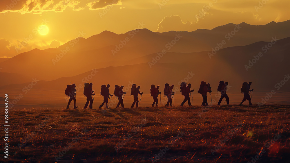Majestic Sunset Hike, Group of People Trekking with backpacks in Mountainous Terrain, sunset light. - obrazy, fototapety, plakaty 