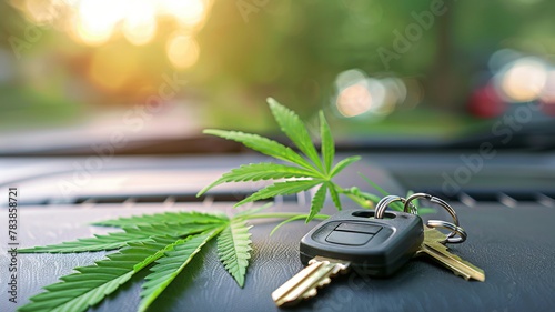 Cannabis marijuana Leaf and Car Keys, Representing Driving Under Influence. Concept dealership, transportation of drugs, hemp and leaves. © Adin