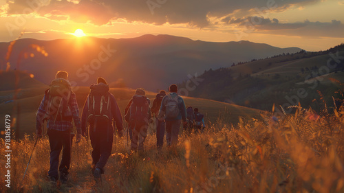 Majestic Sunset Hike, Group of People Trekking with backpacks in Mountainous Terrain, sunset light.