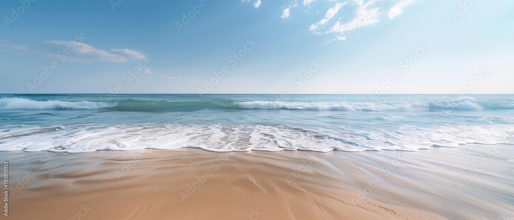 Serene Ocean View with Calm Waves and Sandy Shore, Copy Space