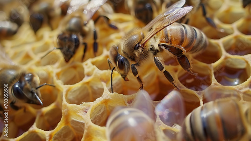 Closeup Detail of Honeybees Working on Honeycomb in Beehive © Adin