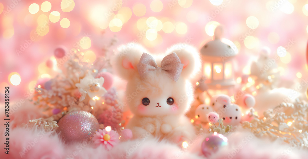 Lovely fluffy cute doll with copy space pastel color, baby doll Lovely fluffy cute doll with copy space pastel color, baby doll