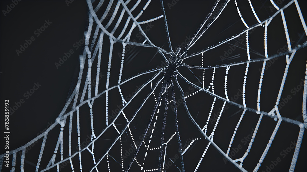 A detailed macro image of a spider weaving its web from a side angle, showcasing the intricate silk threads and the spider's legs in action.


