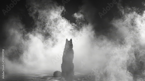   A black-and-white image of a dog standing in a foggy landscape, emitting smoke from its muzzle photo