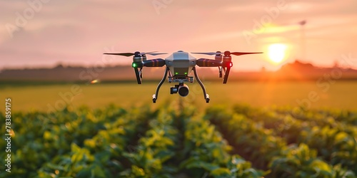 Aerial Drone Monitoring Crop Health in Agricultural Field at Sunset