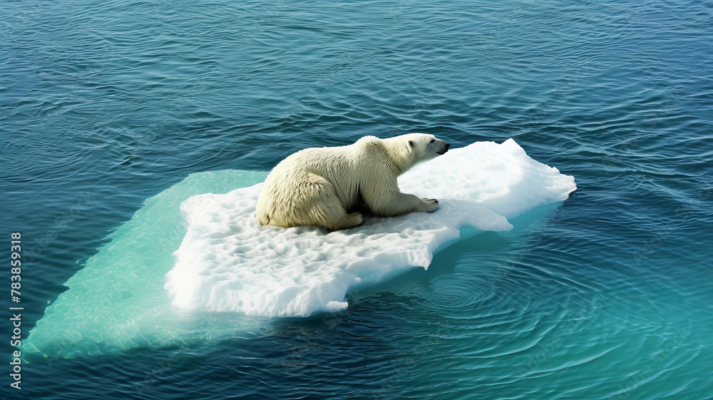 Naklejka premium Lonely Polar Bear Sitting on Small Ice Floe in Blue Arctic Waters, aerial top view. Global warming, change climate concept.