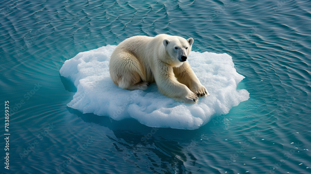 Lonely Polar Bear Sitting on Small Ice Floe in Blue Arctic Waters, aerial top view. Global warming, change climate concept.