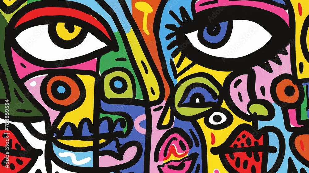 Abstract colorful doodle style painting with eyes and lips