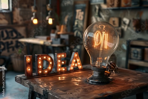 Rustic workshop ambiance with a glowing bulb over 'IDEA' in marquee lights, symbolizing creativity and inspiration.. photo
