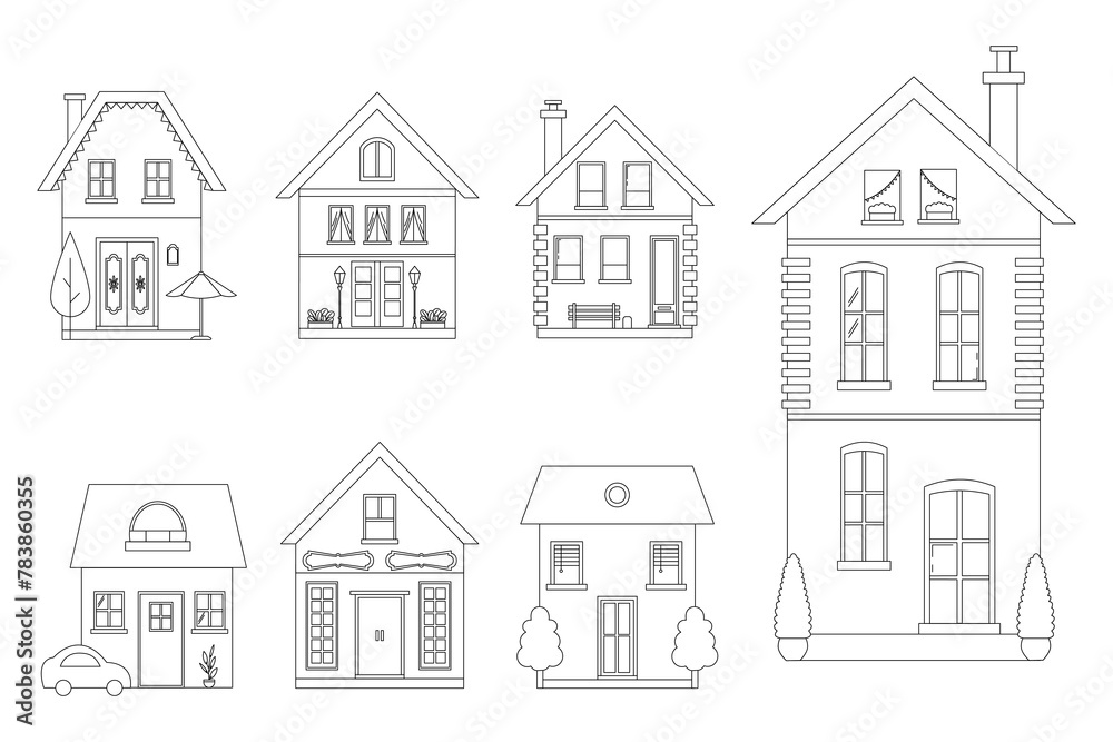 Set of isolated cute houses outline small buildings and trees. Village homes with windows vector illustration Set of isolated cute houses outline small buildings and trees. Village homes with windows vector illustration