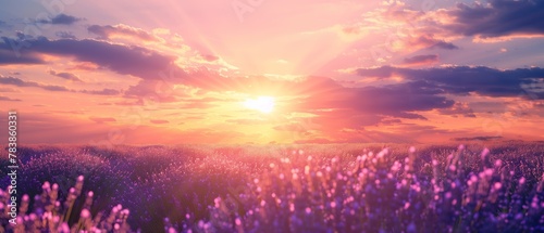 Sunset Over Lavender Field During Golden Hour, Scenic Tranquility