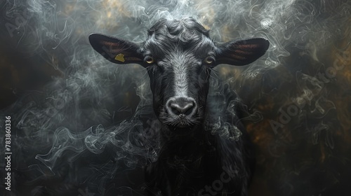   A tight shot of a black cow with smoke emanating from its ears and a yellow tag affixed to its ear