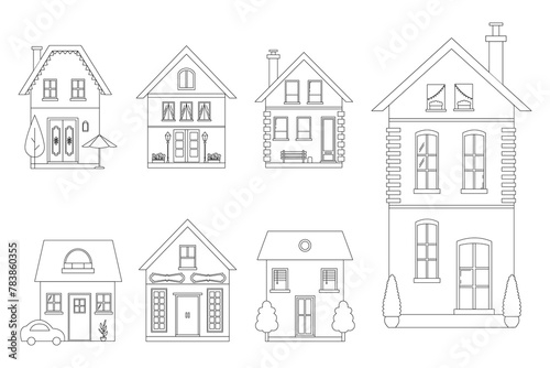 Set of isolated cute houses outline small buildings and trees. Village homes with windows vector illustration