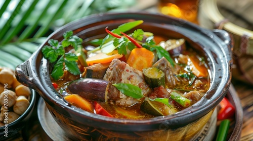 Lao cuisine: thick buffalo skin soup with eggplant, bamboo and other vegetables.
