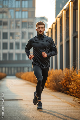 Cityscape Run: Smiling Athlete in Motion