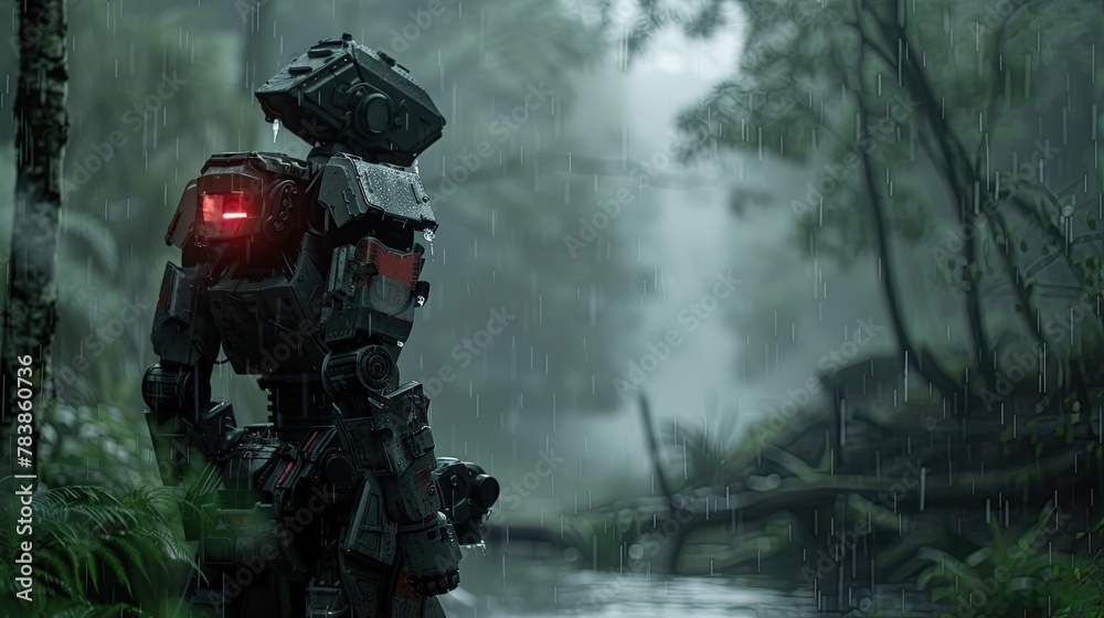 Fototapeta premium mech male warrior soldier in the rain