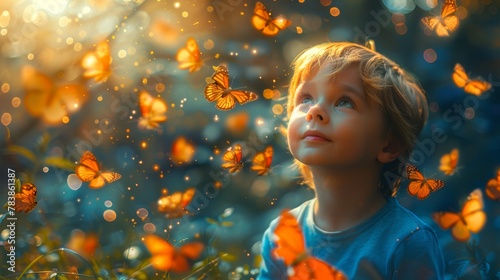  A little girl gazes upwards at an array of orange butterflies flitting above in a field of lush grass