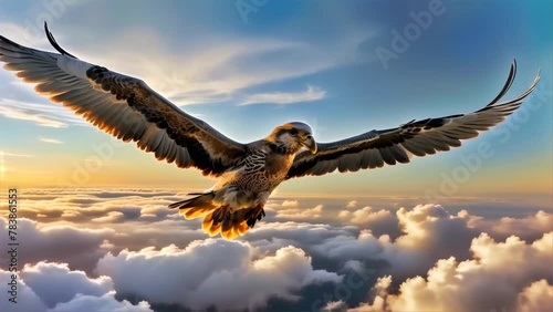 The powerful flight of a falcon soaring through a stunning skyscape, symbolizing freedom and the wild spirit of nature. photo