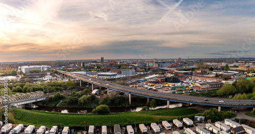 Fényképezés Aerial view of Doncaster city centre with transport links at sunset