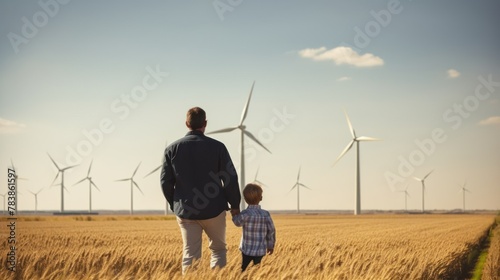 Back view of son on father's shoulder pointing ahead, field seeing wind turbines  photo