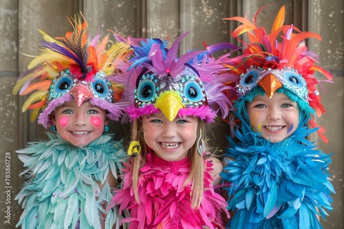 Three Young Girls Wearing Brightly Colored Feathers