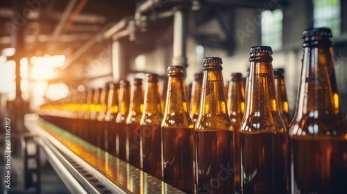 Brewery  bottling beer in glass bottles on conveyor lines. 
