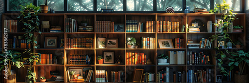 Detail shot of a built-in bookcase filled with books and decor, hyperrealistic photography of modern interior design