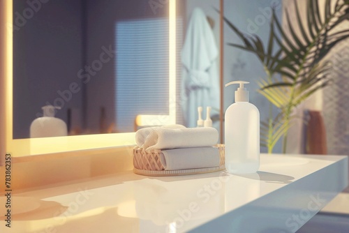 3D rendering of the disinfectant gel for the hand and towel on the white table in the modern interior of the bathroom.