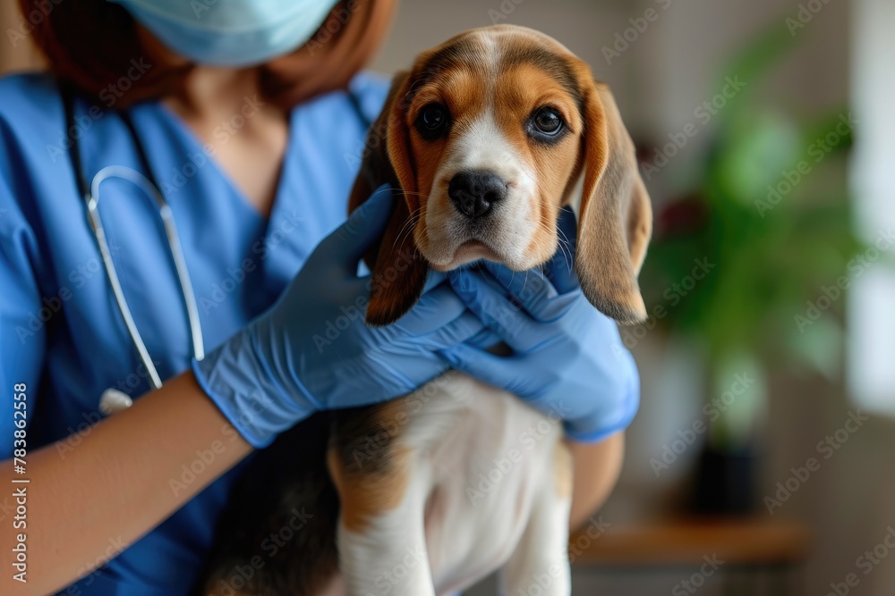 Veterinarian Examining Beagle Puppy in Blue Gloves