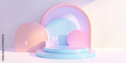 Abstract stage podium mockup with geometric shapes in pastel colors. 3d rendering, abstract background, neon light, round podium and round stage. Award ceremony concept.
