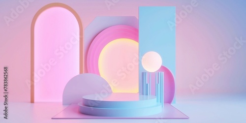 Abstract stage podium mockup with geometric shapes in pastel colors. 3d rendering  abstract background  neon light  round podium and round stage. Award ceremony concept.