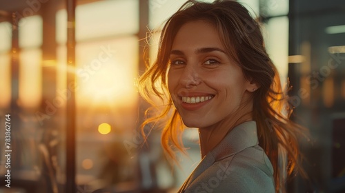 Free Download Happy young business woman smiling on a business office background - GFXLoad