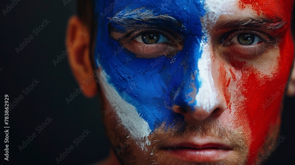 white man with his face painted with the flag of France in a high resolution and high quality study. Paris Olympic Games concept