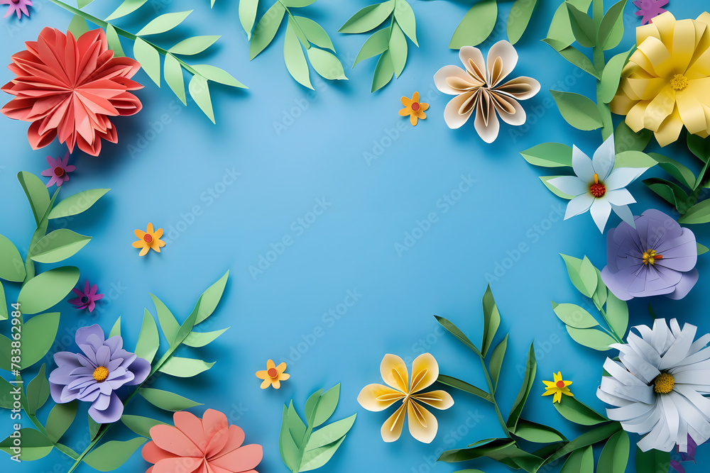 Brightly colored paper crafted flowers and green leaves are artfully ...