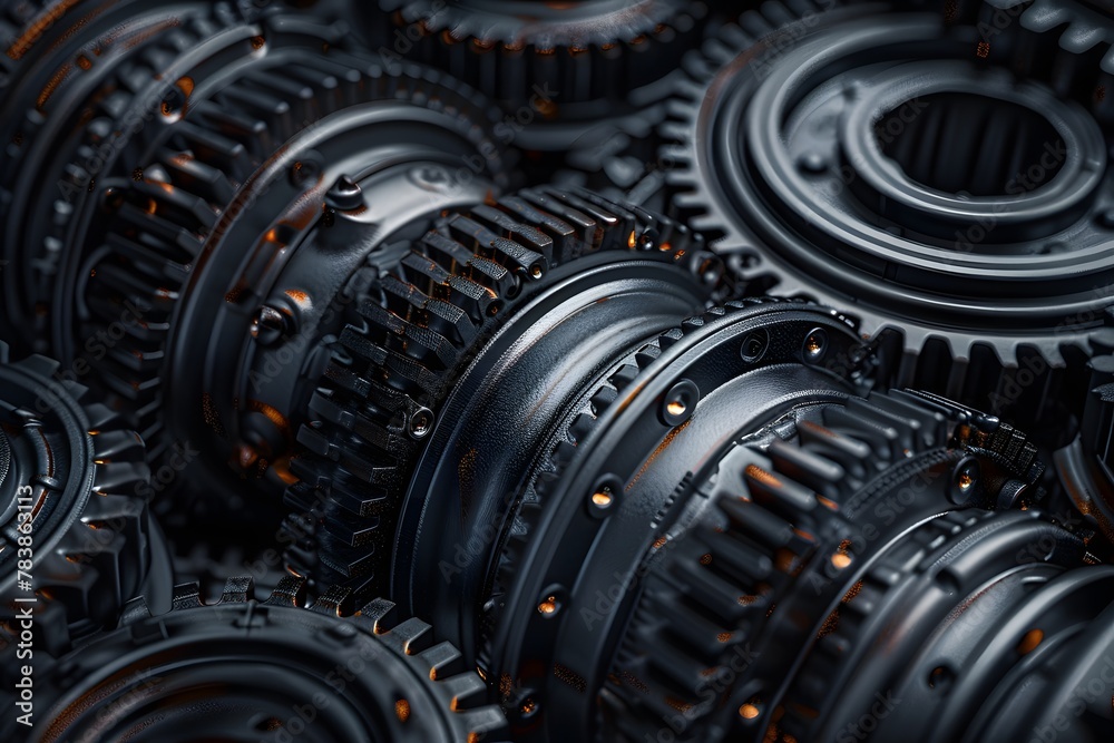 Macro Shot of Metallic Gears with Fine Details and Orange Accents Macro Shot of Metallic Gears with Fine Details and Orange Accents