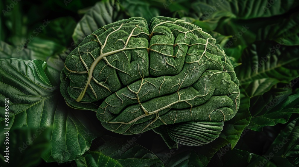 Fototapeta premium 3D Illustration of human brain in the form of a leaf.