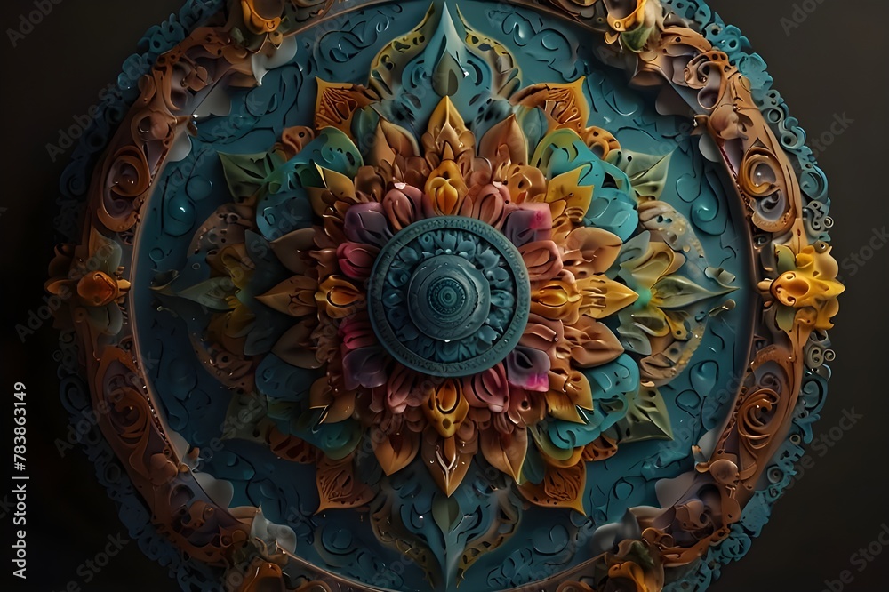 Step into a world of symmetry and balance with a mandala art piece, rendered in a realistic, 3D style that brings the design to life