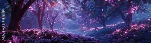 Purple tones, 3D illustration of a forest lit up at night by bioluminescence, fireflies, night lights, calm atmosphere. photo